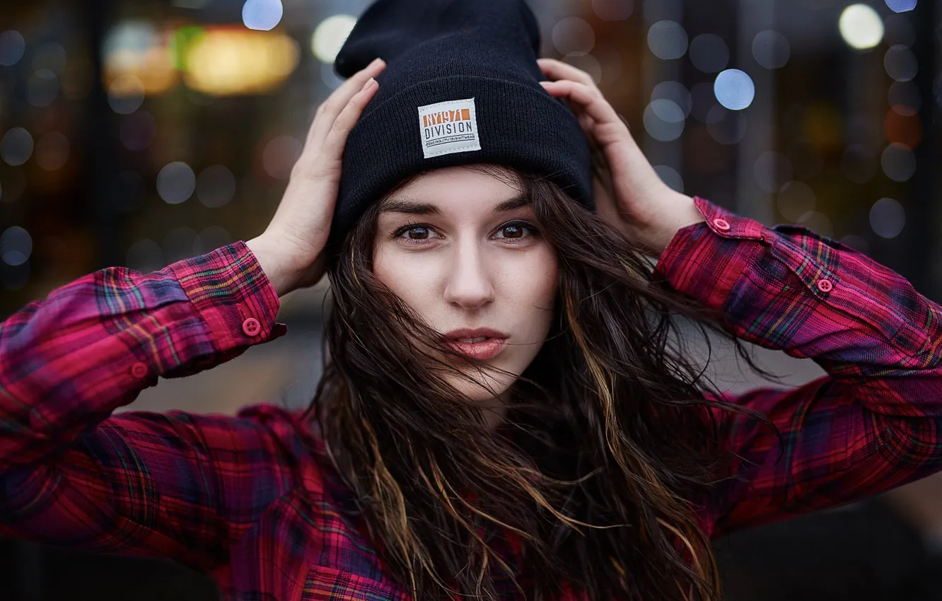 Photo wallpaper look, girl, pose, glare, background, model, hat, portrait