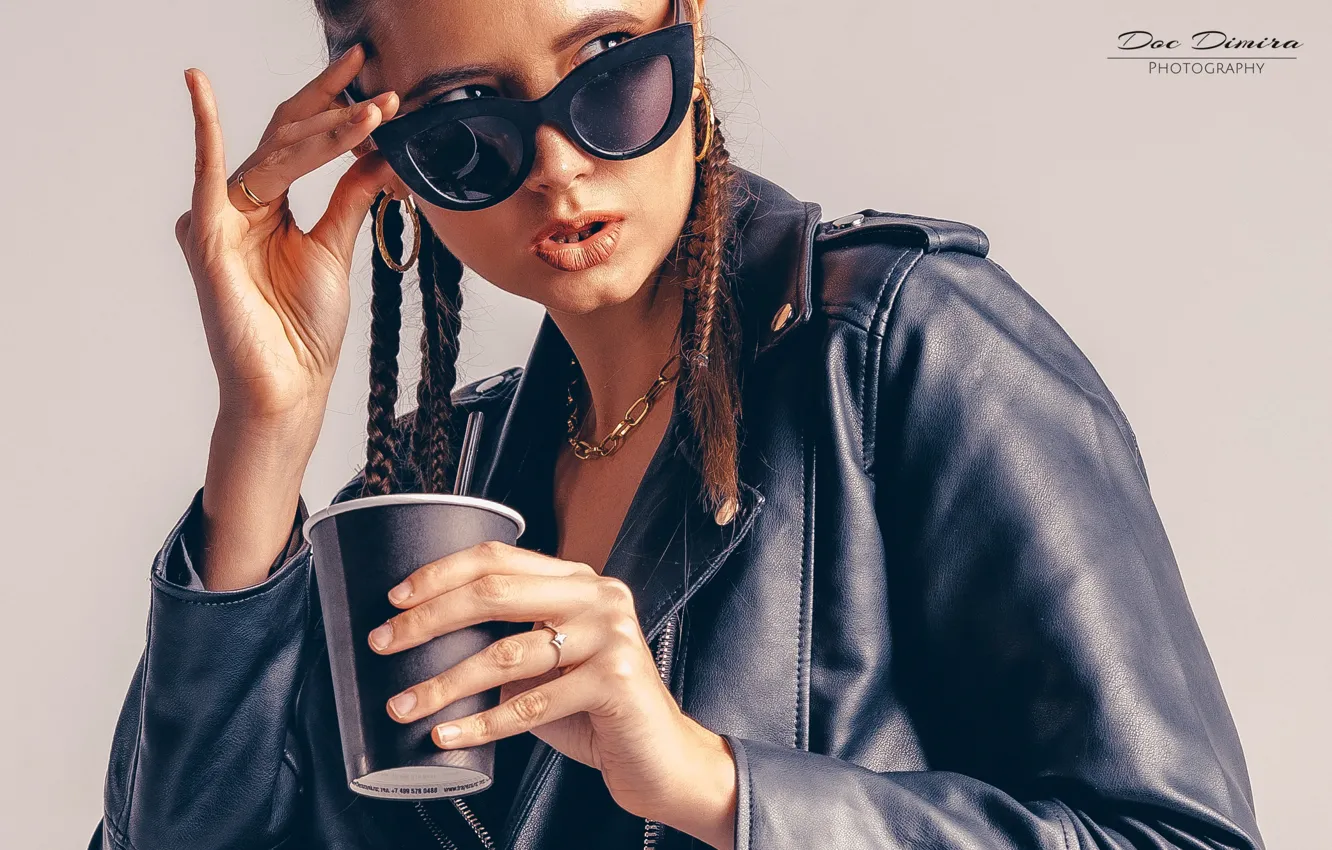 Photo wallpaper girl, face, pose, background, hands, glasses, jacket, braids