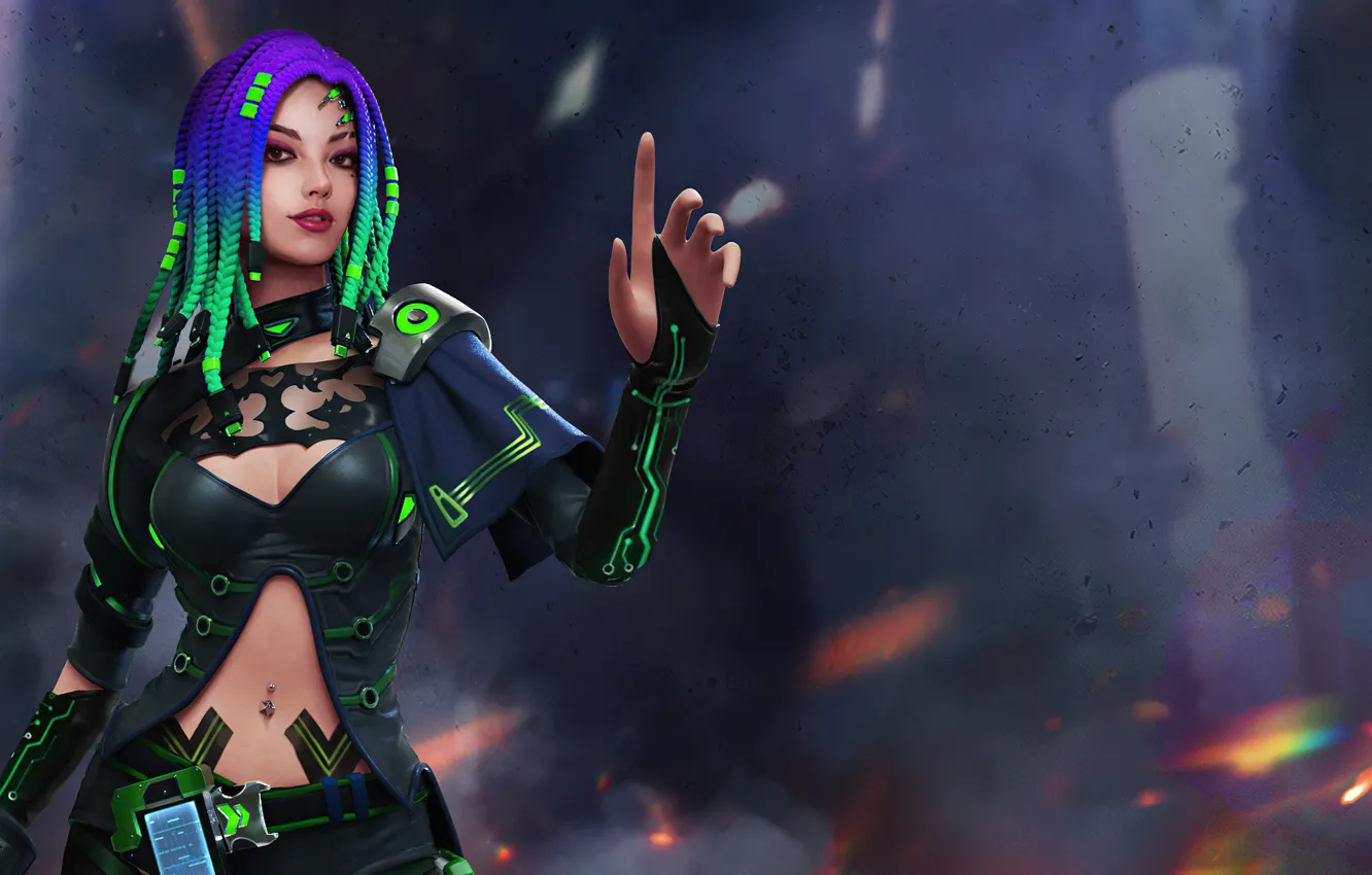 Photo wallpaper girl, the game, game, protective suit, gesture, characters, blurred background, Character