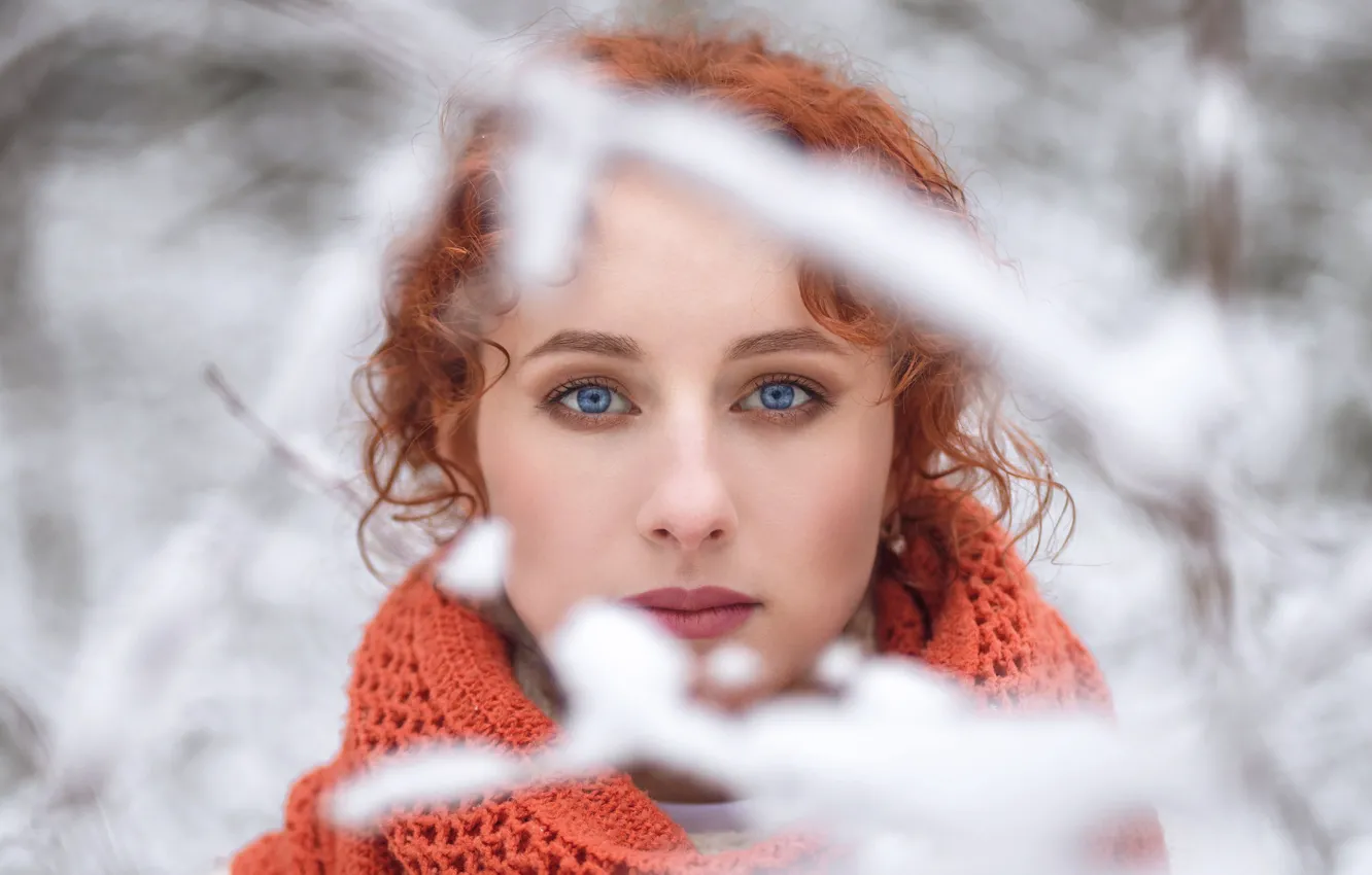 Photo wallpaper look, girl, snow, branches, face, portrait, blur, red