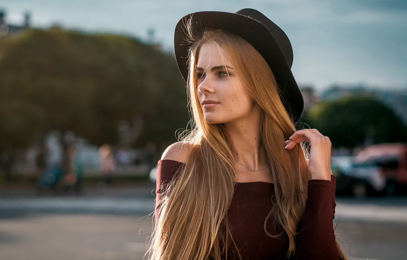 Photo wallpaper girl, the sun, pose, model, hair, portrait, hat, makeup