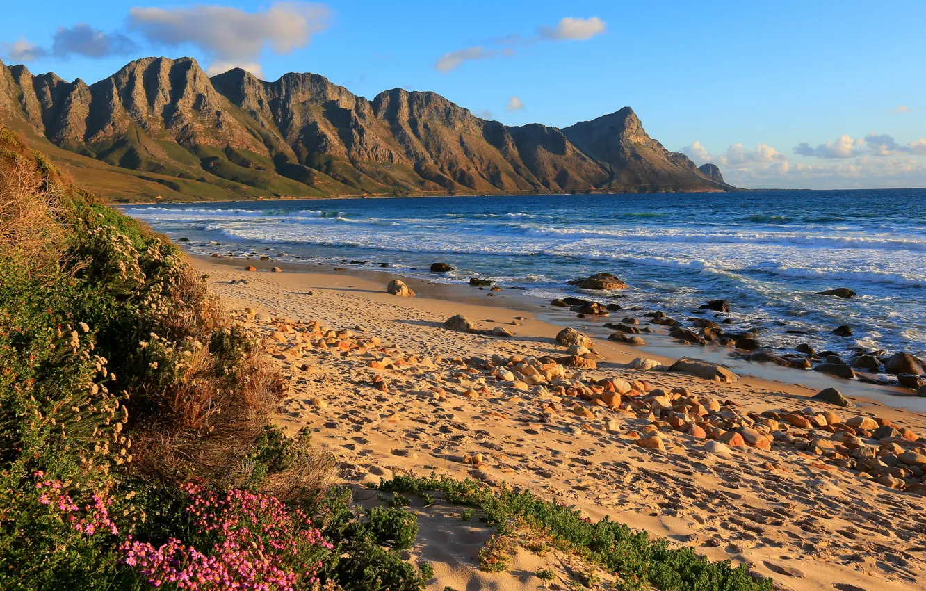 Photo wallpaper sand, sea, wave, mountains, stones, shore, shrub