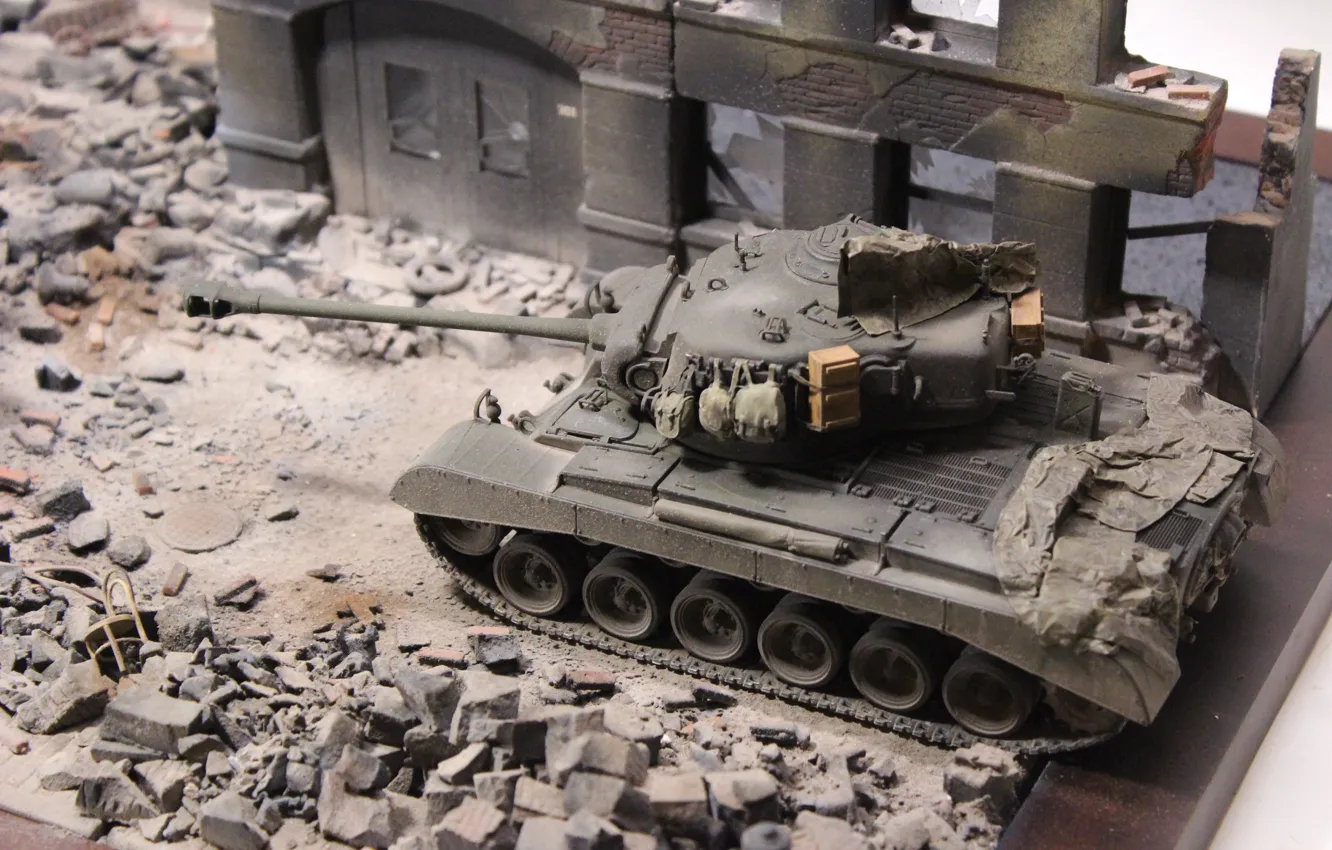 Photo wallpaper toy, tank, ruins, model, Pershing