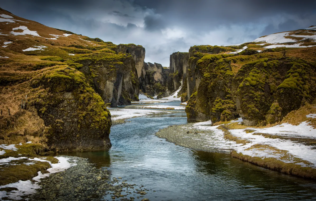 Photo wallpaper winter, mountains, river