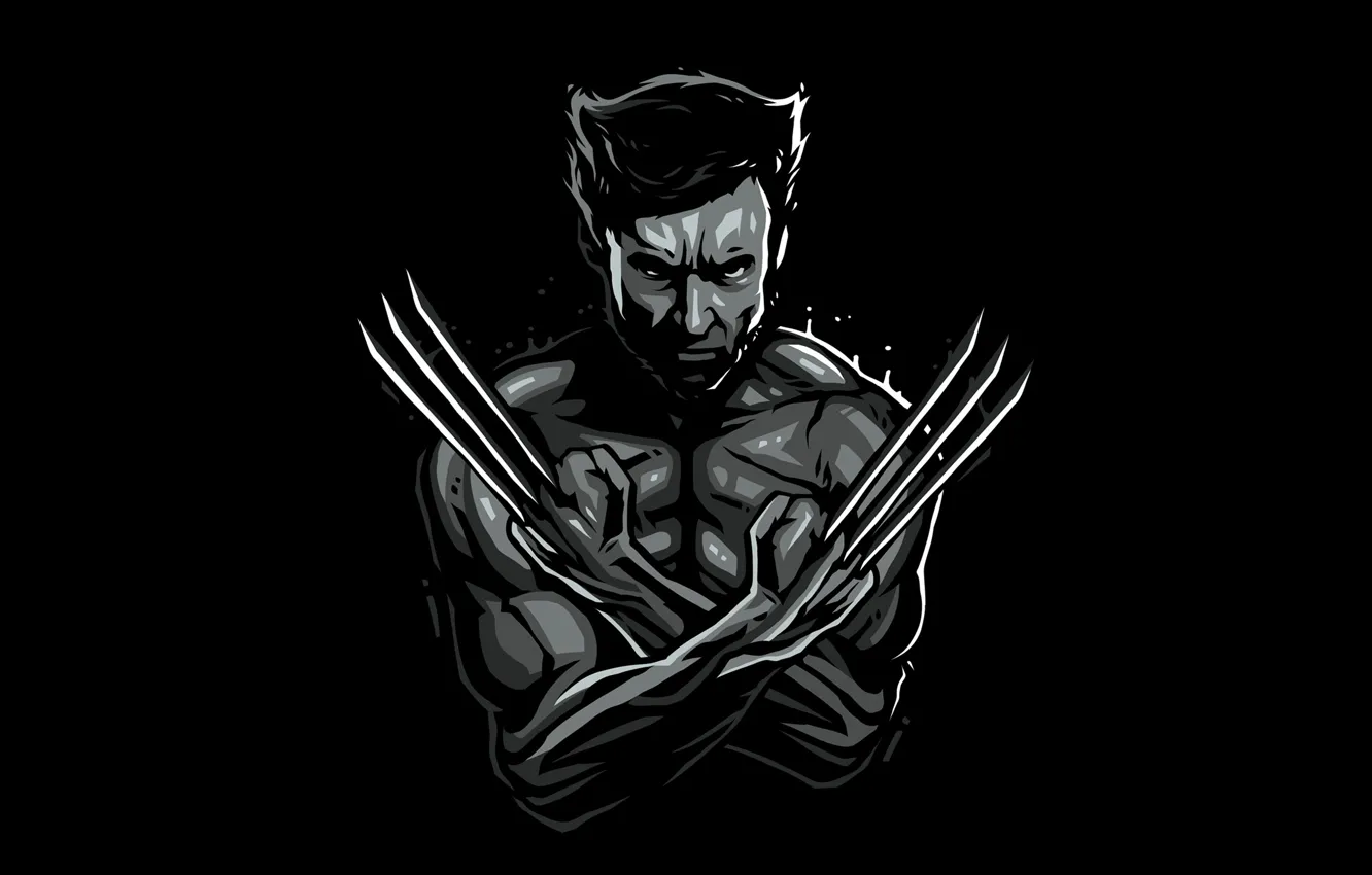 Photo wallpaper art, black and white, Wolverine, black background, Wolverine, Hugh Jackman, Logan, Hugh Jackman