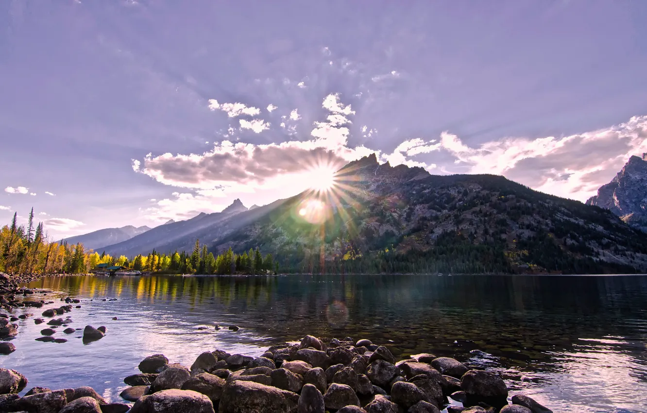 Photo wallpaper autumn, forest, the sky, the sun, clouds, rays, trees, mountains