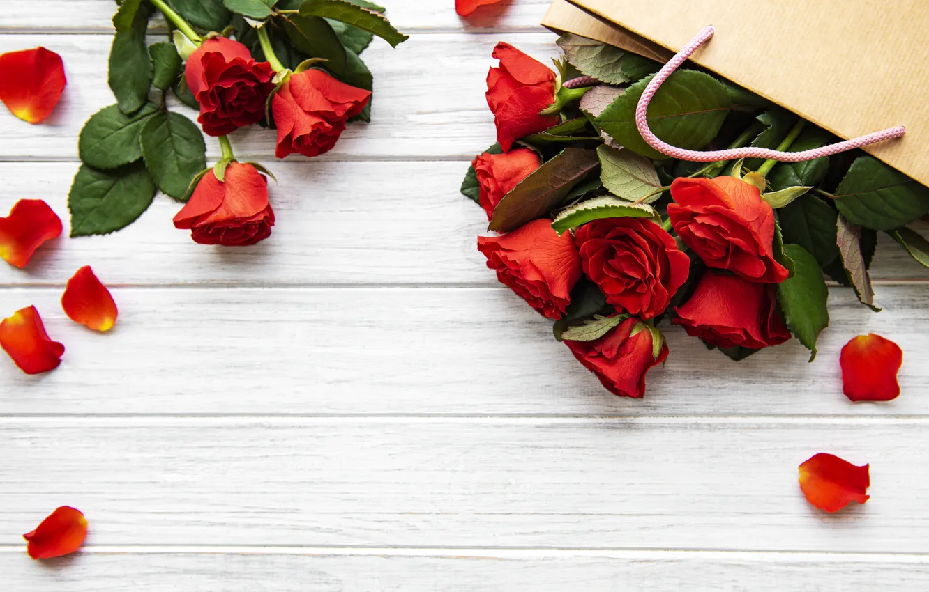Photo wallpaper table, gift, roses, bouquet, petals, red, Olena Rudo