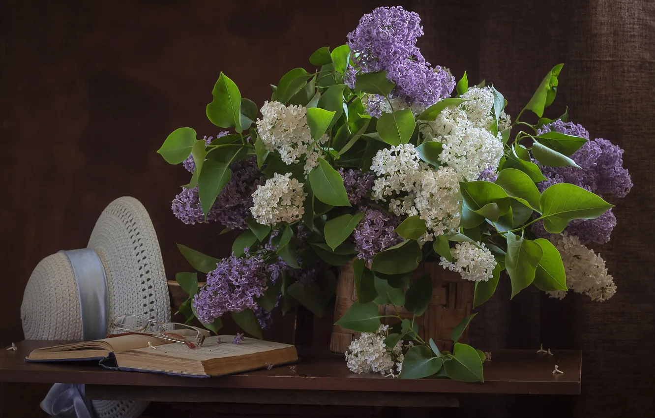 Photo wallpaper flowers, branches, bouquet, spring, hat, glasses, book, white