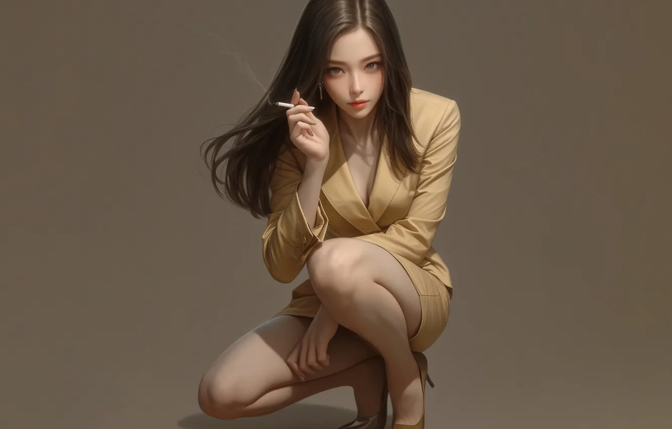 Photo wallpaper girl, look, Sat down, AI Art