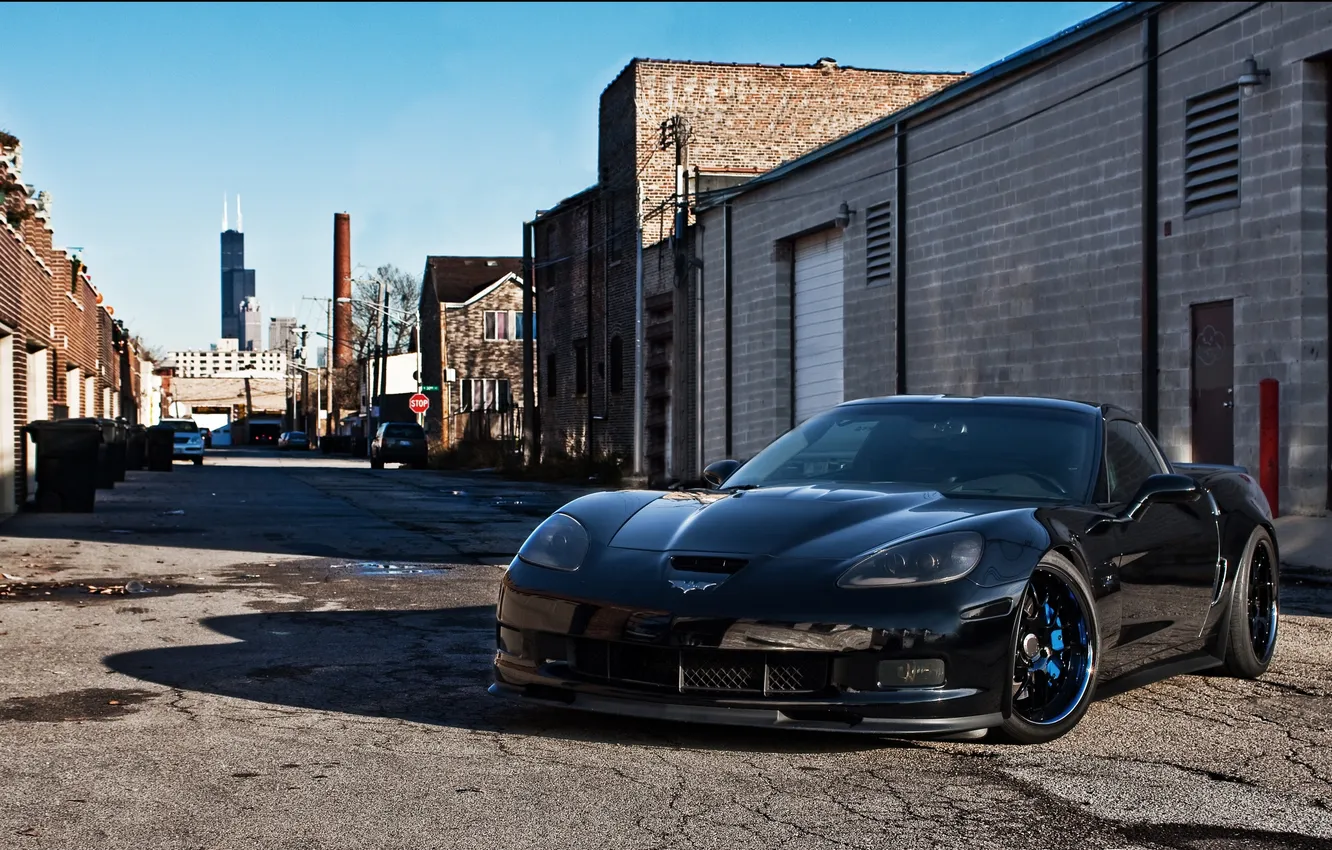 Photo wallpaper black, Corvette, Chevrolet, Chicago, lane, Chevrolet, black, Chicago