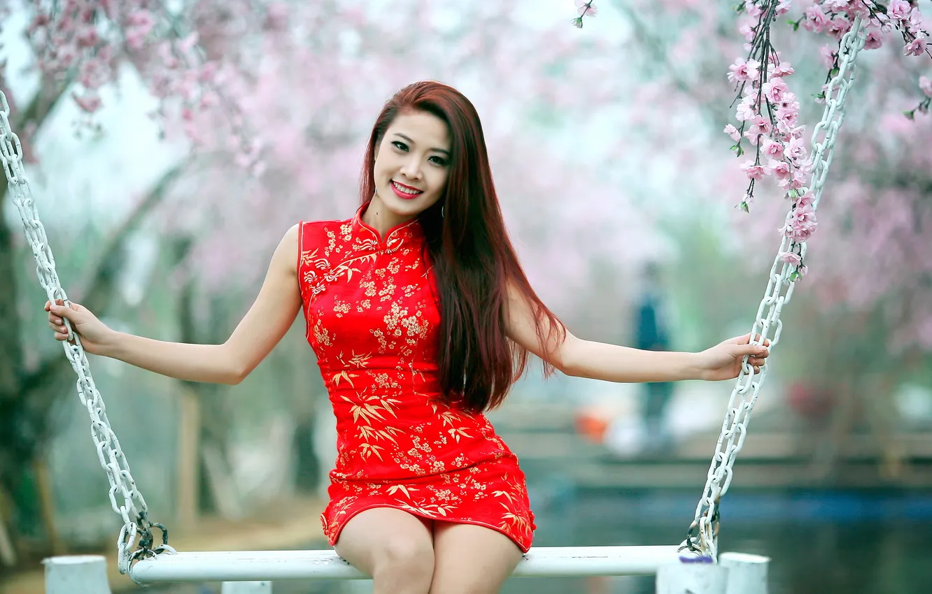 Photo wallpaper girl, swing, Asian