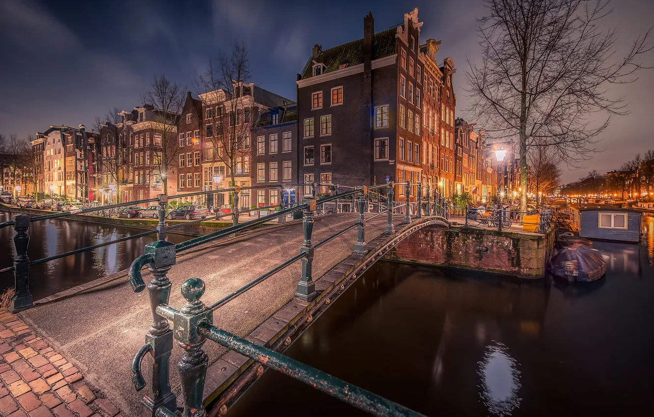 Photo wallpaper night, channel, Amsterdam, Milkmaids bridge