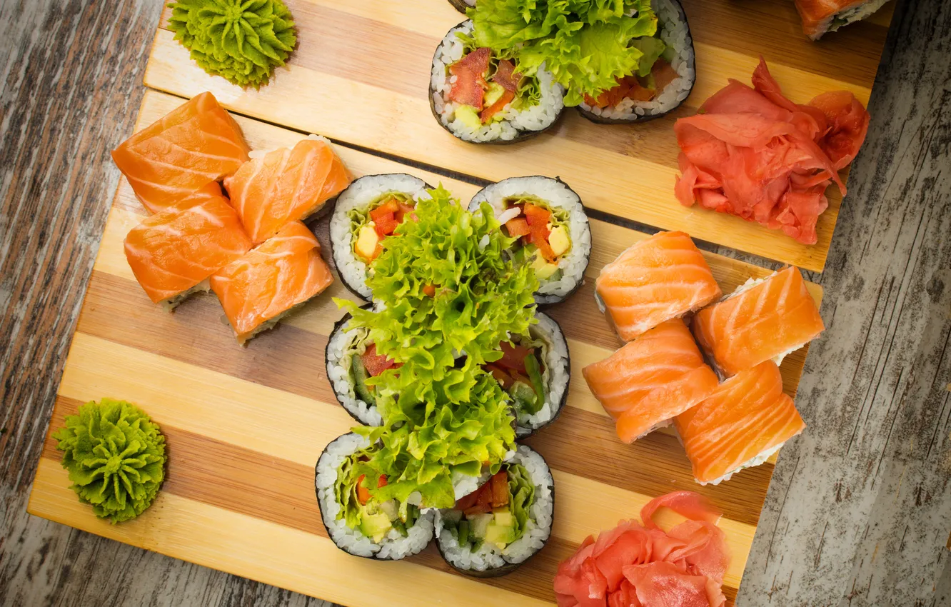 Photo wallpaper rolls, sushi, sushi, salad, rolls, Japanese cuisine, ginger, Ginger