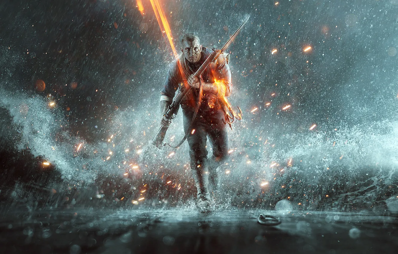 Photo wallpaper weapons, Battlefield 1, rain, soldiers, runs