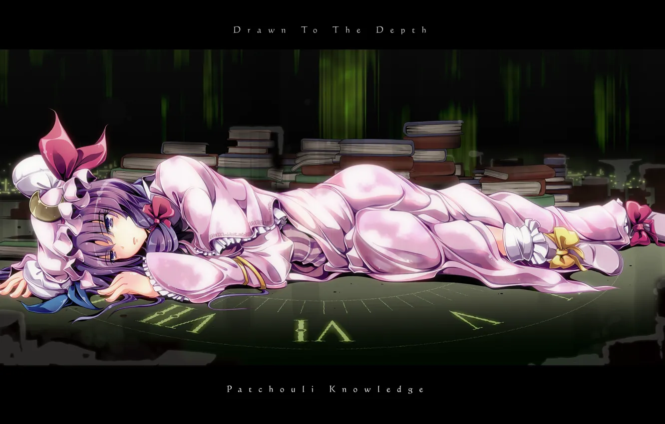 Photo wallpaper book, dial, bow, cap, patchouli knowledge, in the dark, pink dress, lying on his side