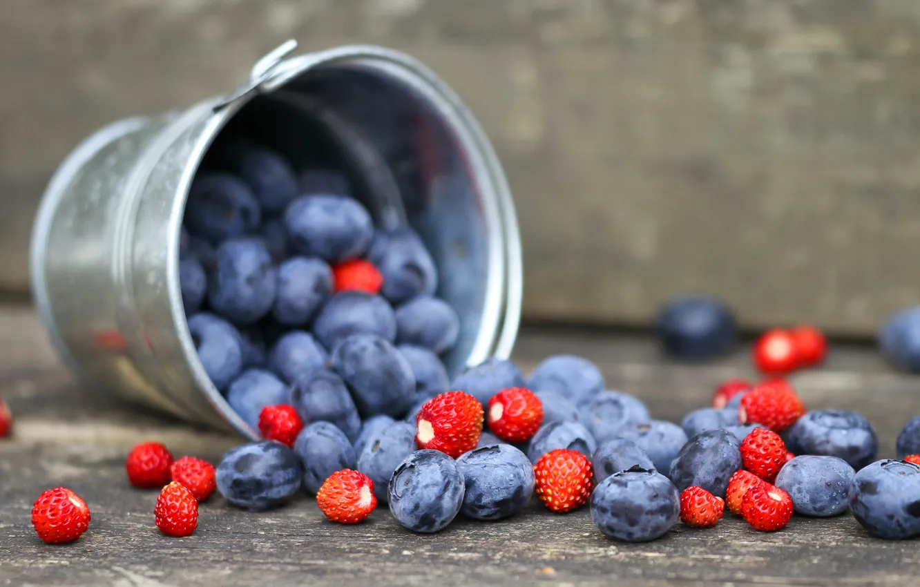Photo wallpaper berries, blueberries, strawberries, bucket