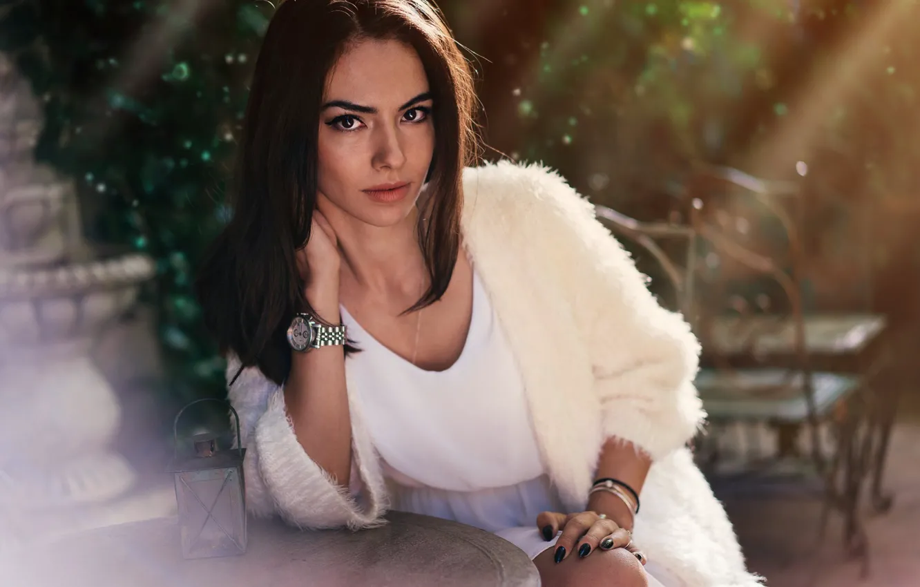 Photo wallpaper look, girl, rays, decoration, watch, brunette, lights, bracelet