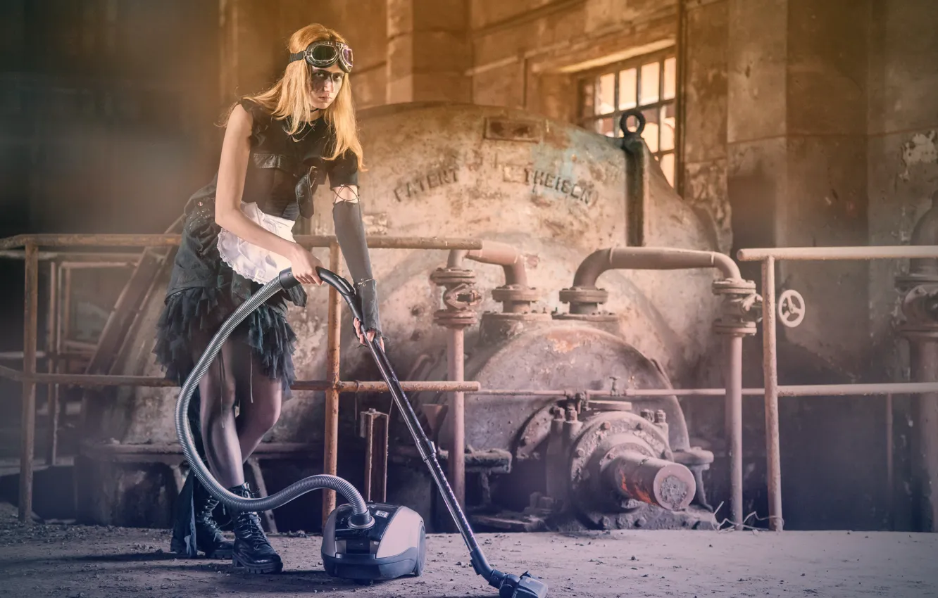 Photo wallpaper girl, shoes, glasses, vacuum cleaner