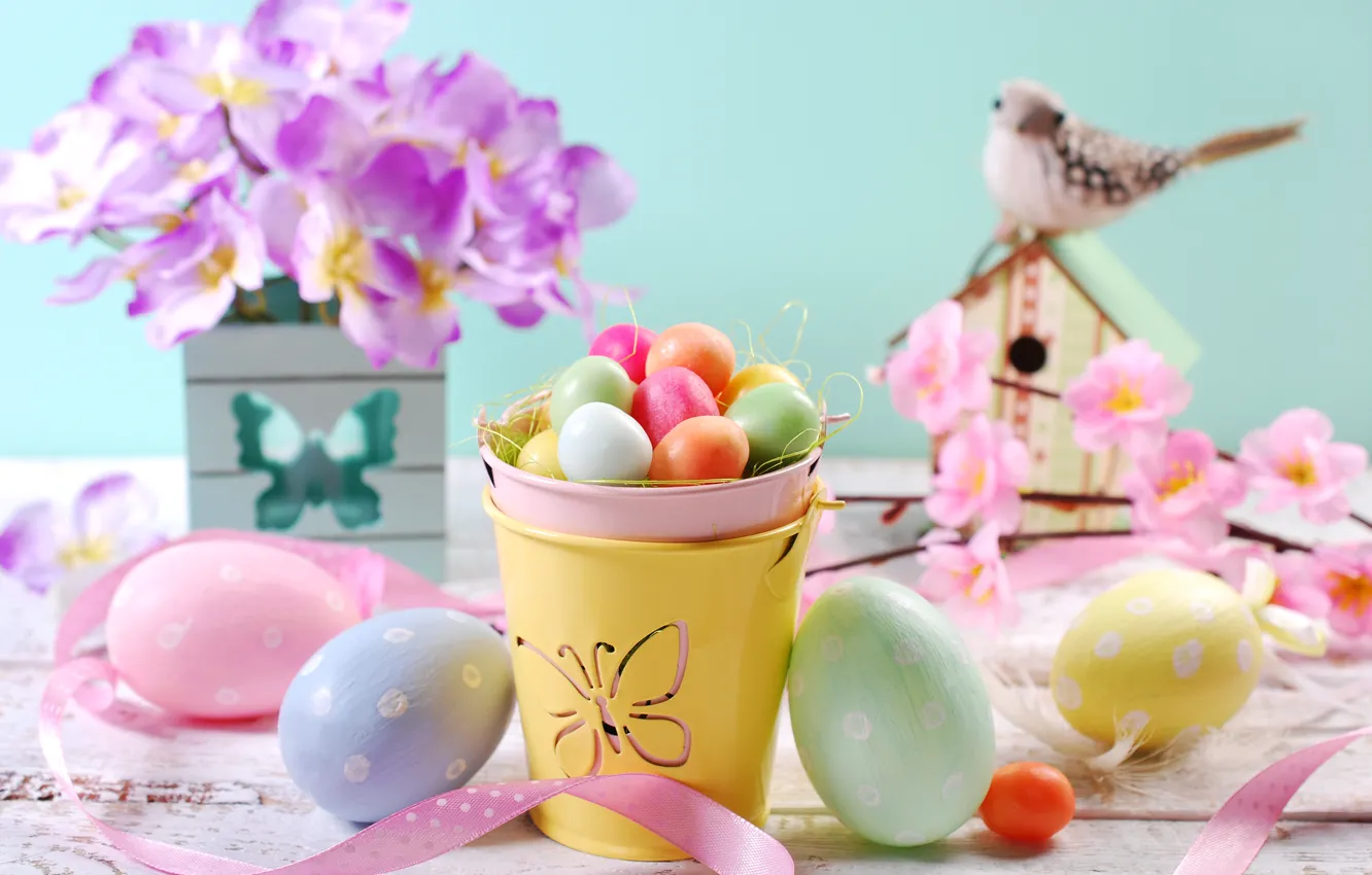 Photo wallpaper flowers, eggs, spring, Easter, flowers, spring, Easter, eggs