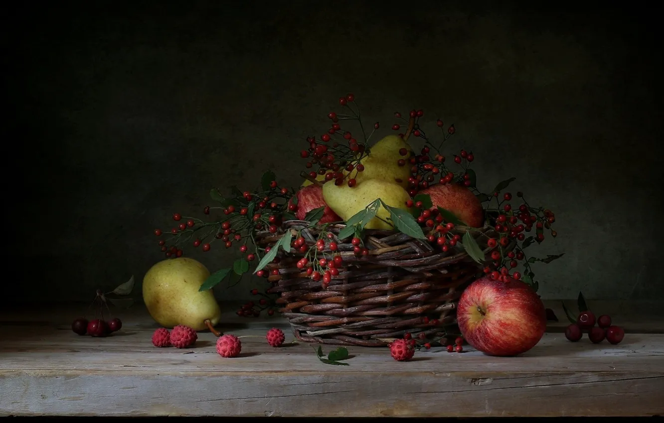 Photo wallpaper berries, background, basket, apples, fruit, still life, pear