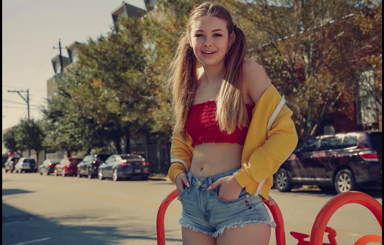 Photo wallpaper girl, shorts, pretty, cute, long-haired, tank top, ponytails