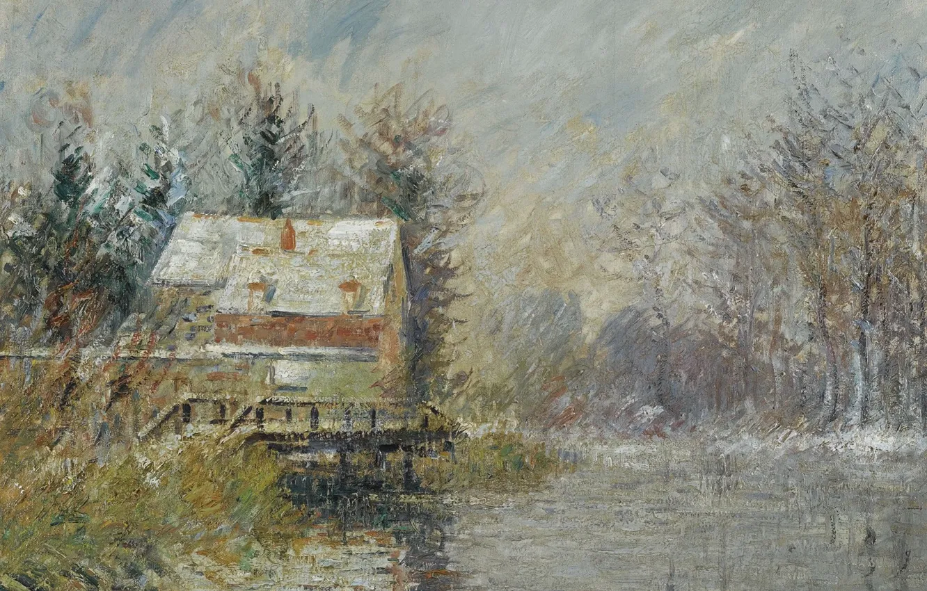 Photo wallpaper landscape, picture, Gustave Loiseau, Gustave Loiseau, A house by the Water. Snow Effect