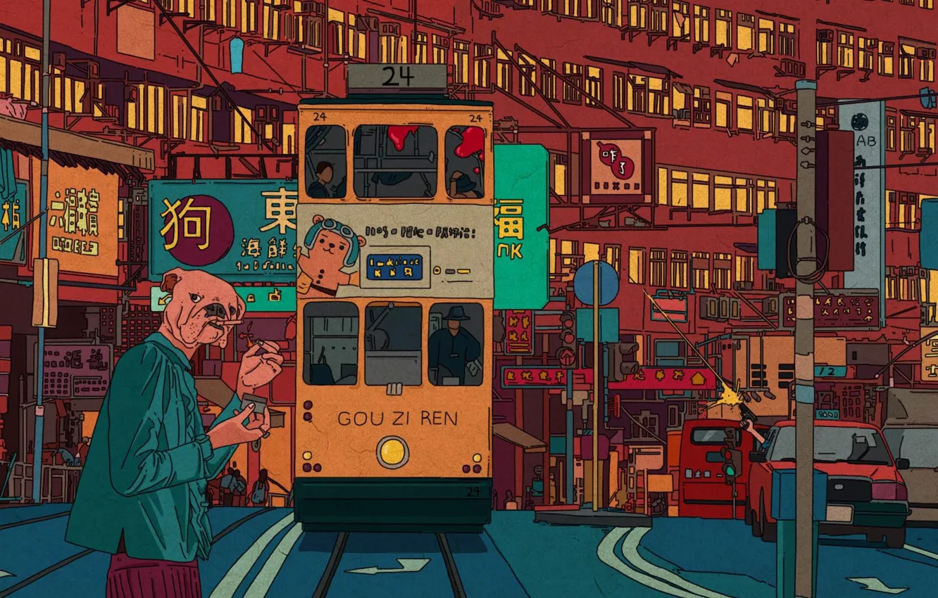 Photo wallpaper Dog, The city, Style, Tram, Background, City, Fantasy, Dog