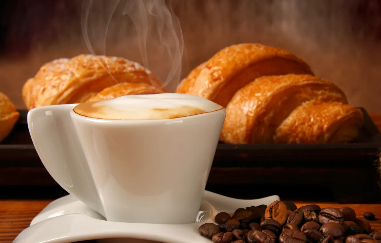 Photo wallpaper coffee, grain, Cup, croissant