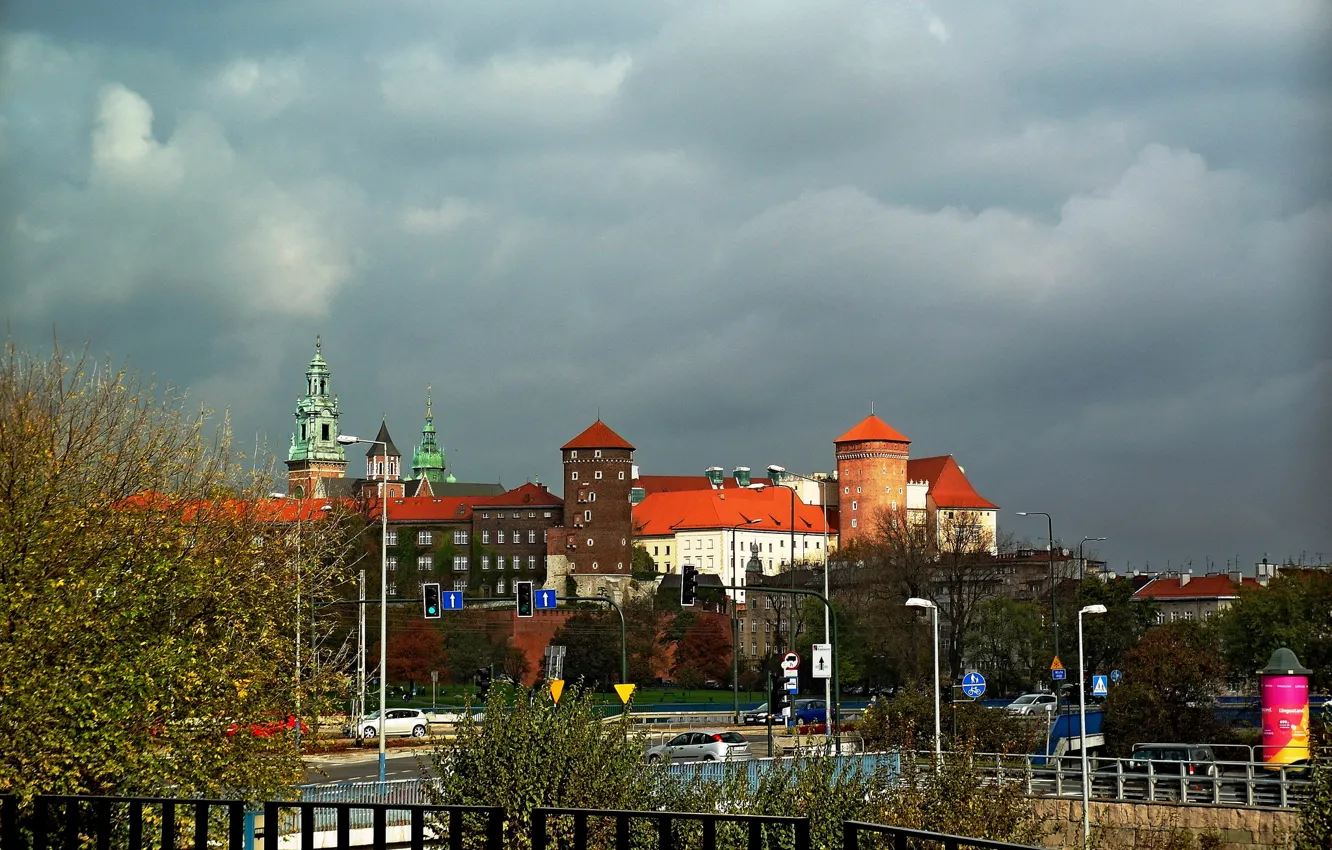 Photo wallpaper the sky, bridge, hills, tower, Poland, Krakow, Wawel