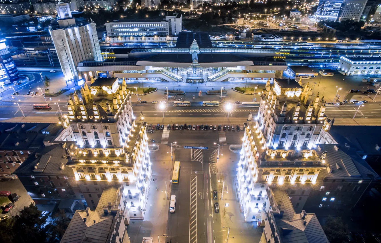 Photo wallpaper night, the city, station, height, backlight, Belarus, Minsk, Belarus