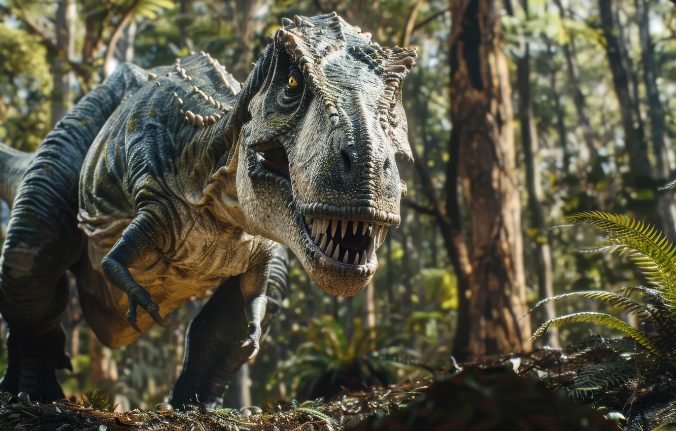 Photo wallpaper look, face, trees, animal, dinosaur, predator, teeth, head