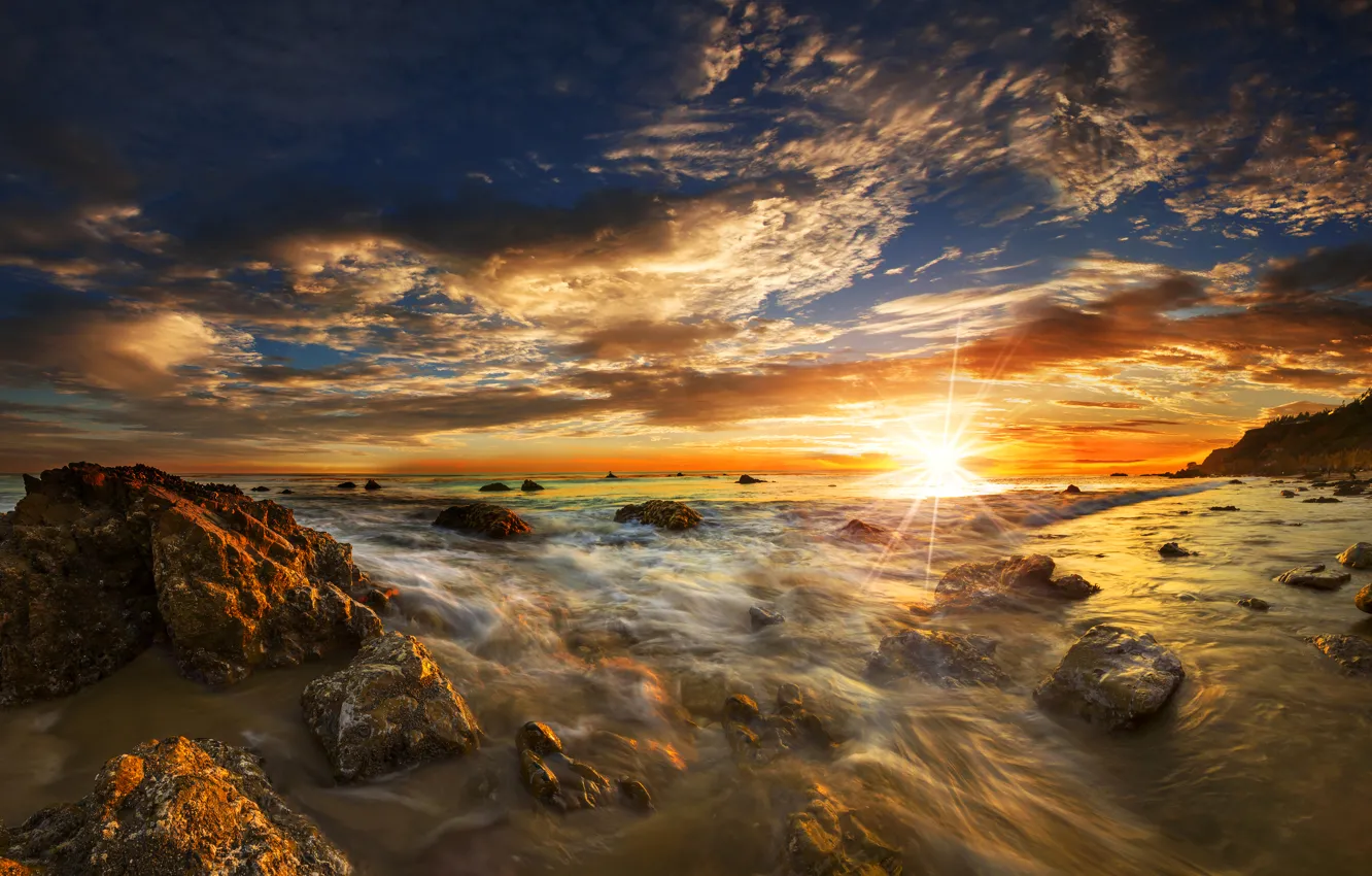Photo wallpaper sea, the sky, the sun, rays, sunset, stones, dawn, coast