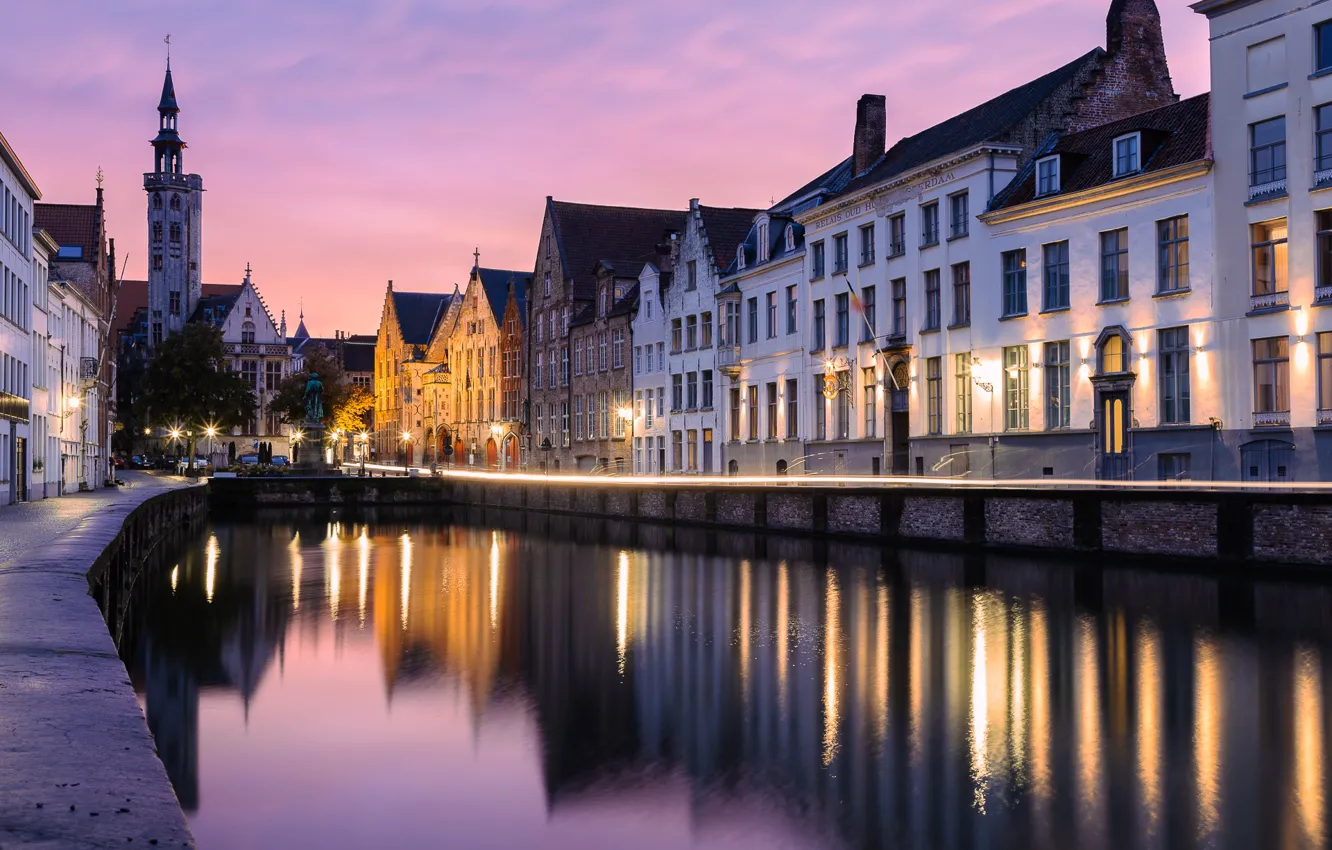 Photo wallpaper the city, building, home, the evening, lighting, lights, channel, Belgium