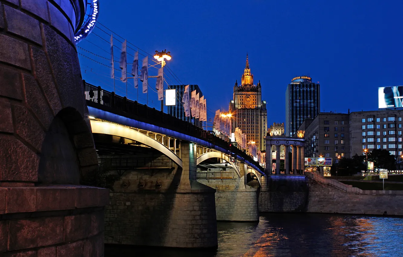 Photo wallpaper bridge, the city, lights, river, the evening, Moscow, Russia, Moscow
