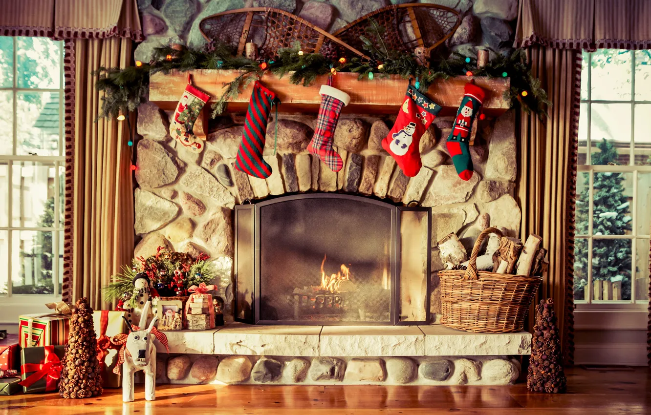 Photo wallpaper comfort, heat, holiday, gifts, New year, socks, fireplace, Rojstvo
