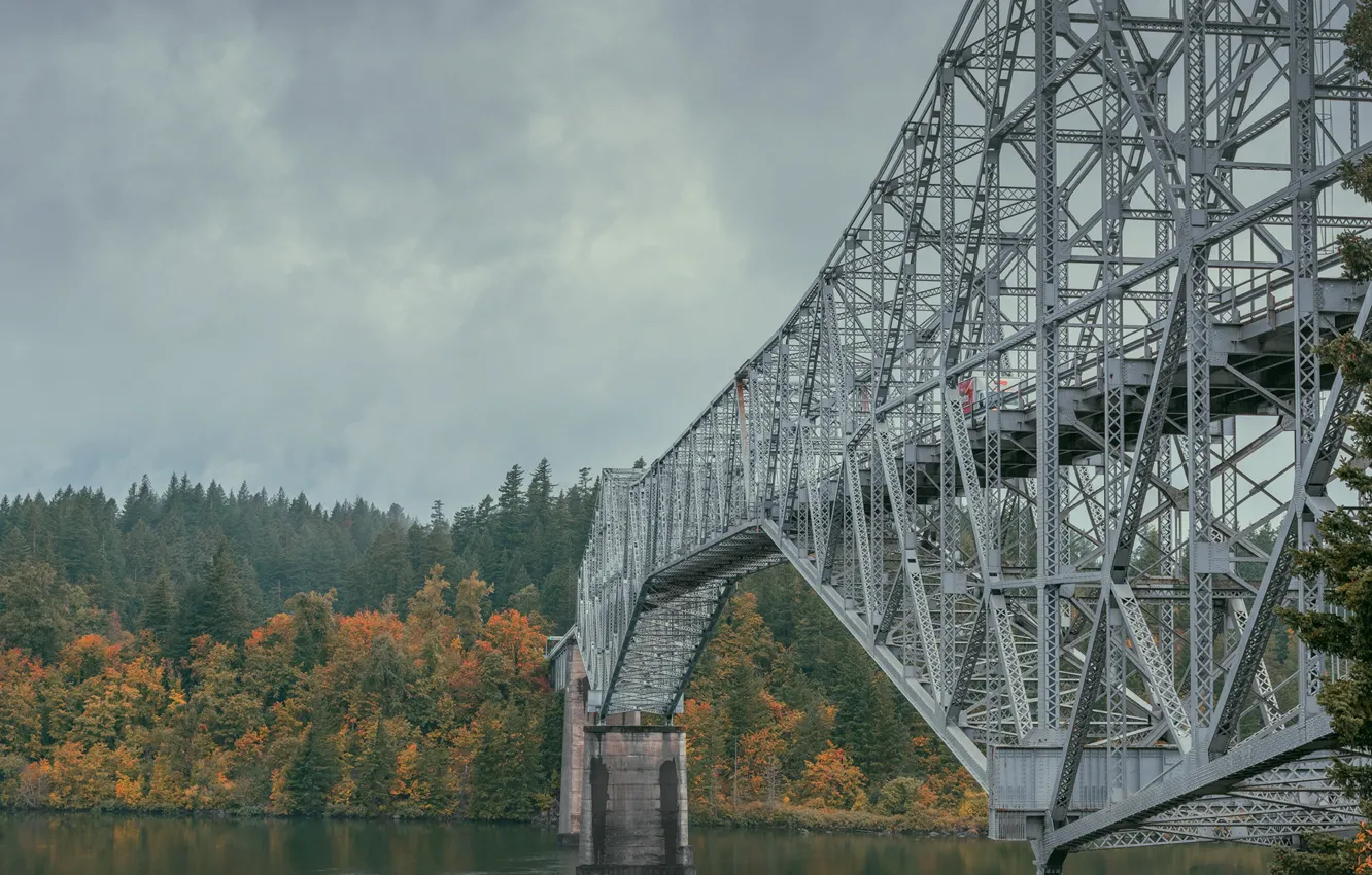Photo wallpaper the sky, trees, bridge, pond, OREGON STATE
