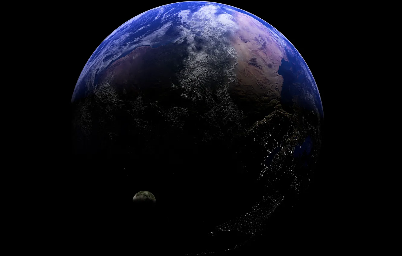 Photo wallpaper lights, planet, satellite, relief