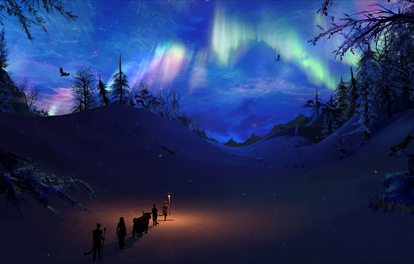Photo wallpaper winter, the sky, snow, lights, dragon, the game, ate, art