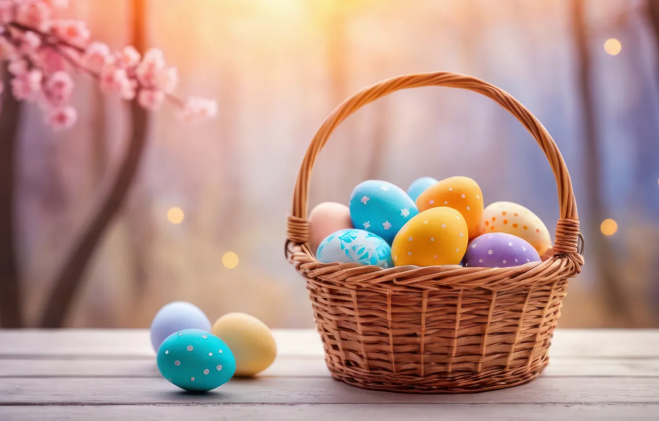 Photo wallpaper flowers, eggs, spring, colorful, Easter, happy, flowers, spring