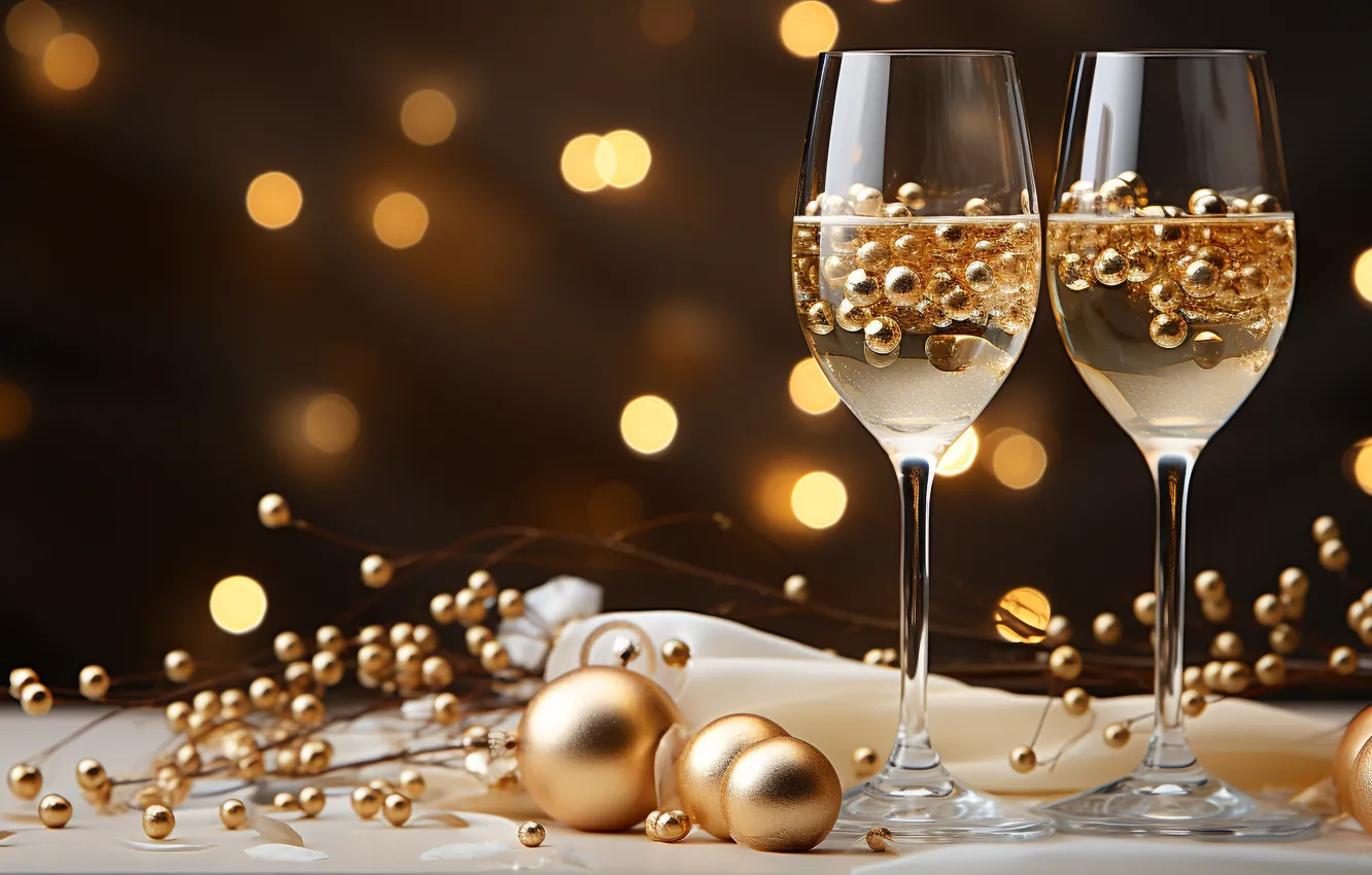 Photo wallpaper decoration, gold, balls, glass, new year, golden, champagne, Christmas