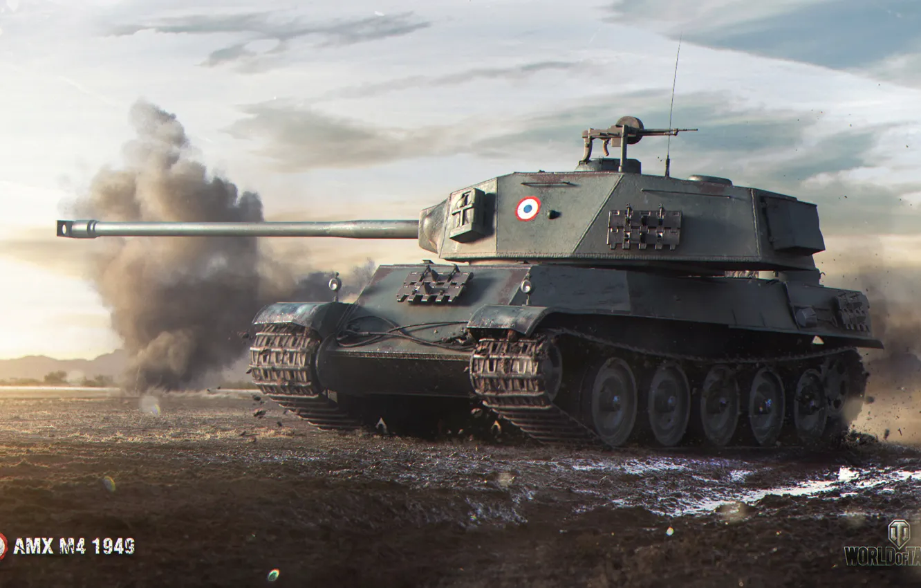 Photo wallpaper field, smoke, tank, heavy, World of Tanks, French, AMX M4 1949