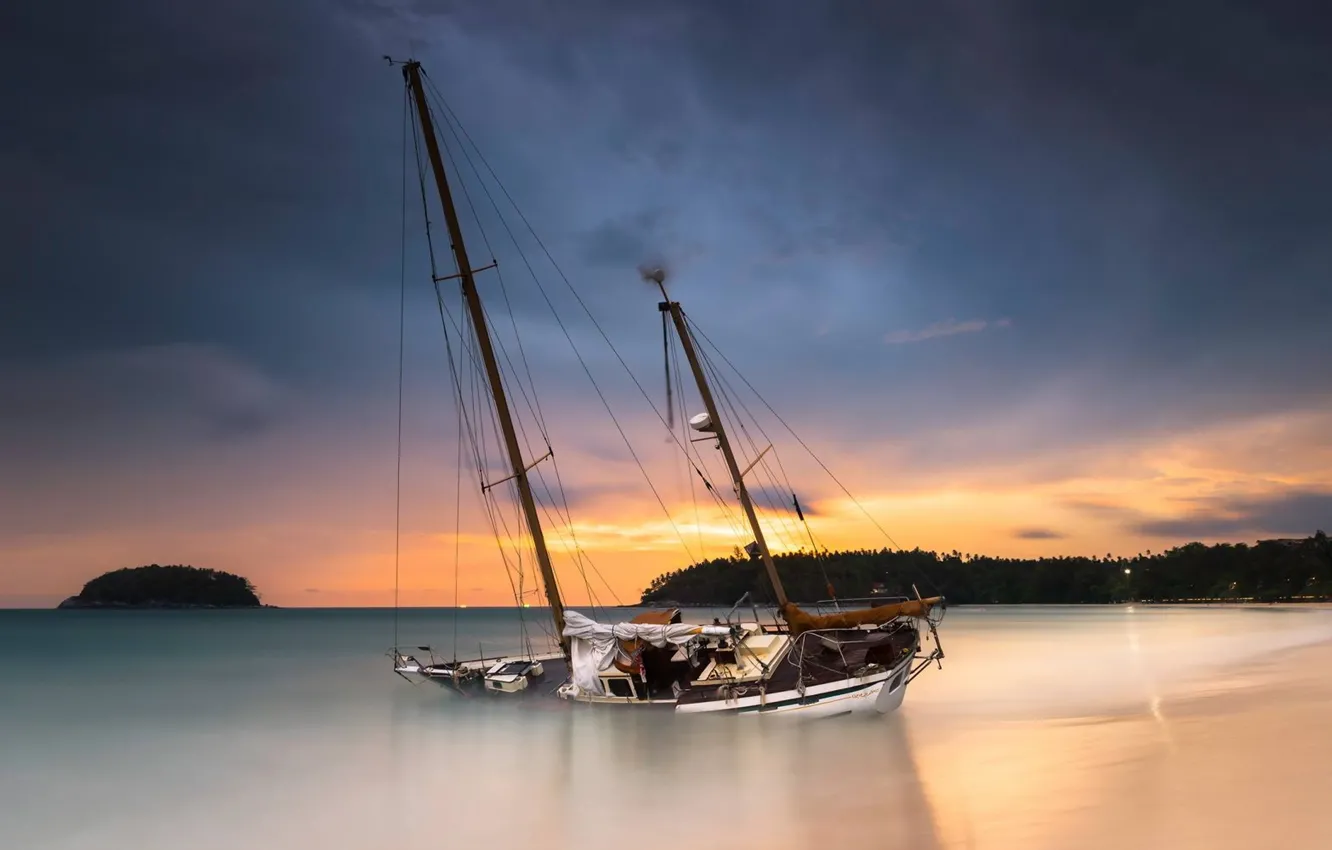 Photo wallpaper sea, sunset, boat