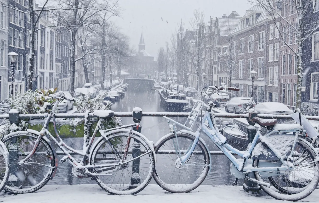 Photo wallpaper bicycle, Amsterdam, winter, snow, Netherlands, bikes, europe 3840x2160px (4K) free download
