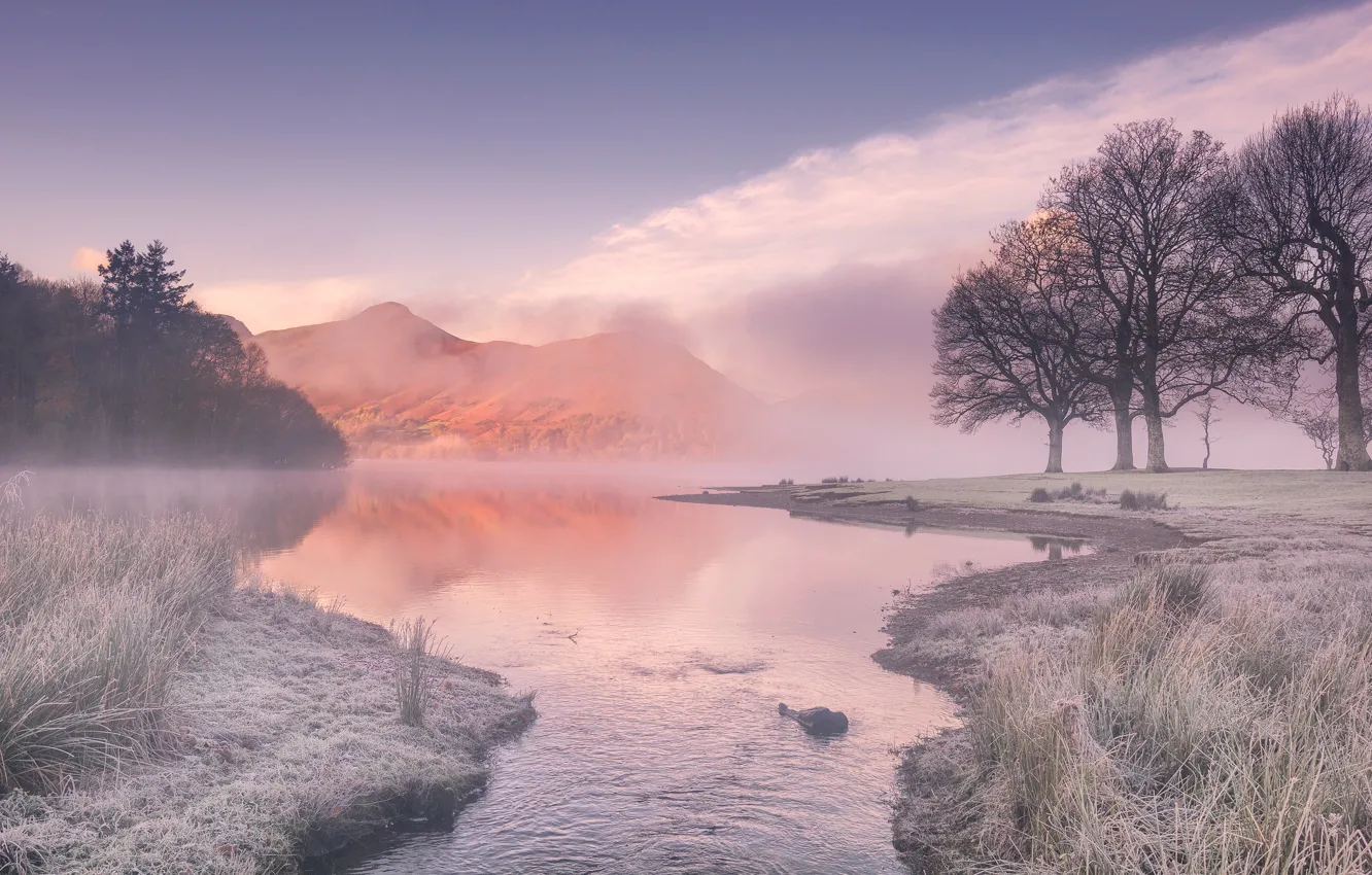 Photo wallpaper frost, trees, mountains, fog, stream, England, Cumbria