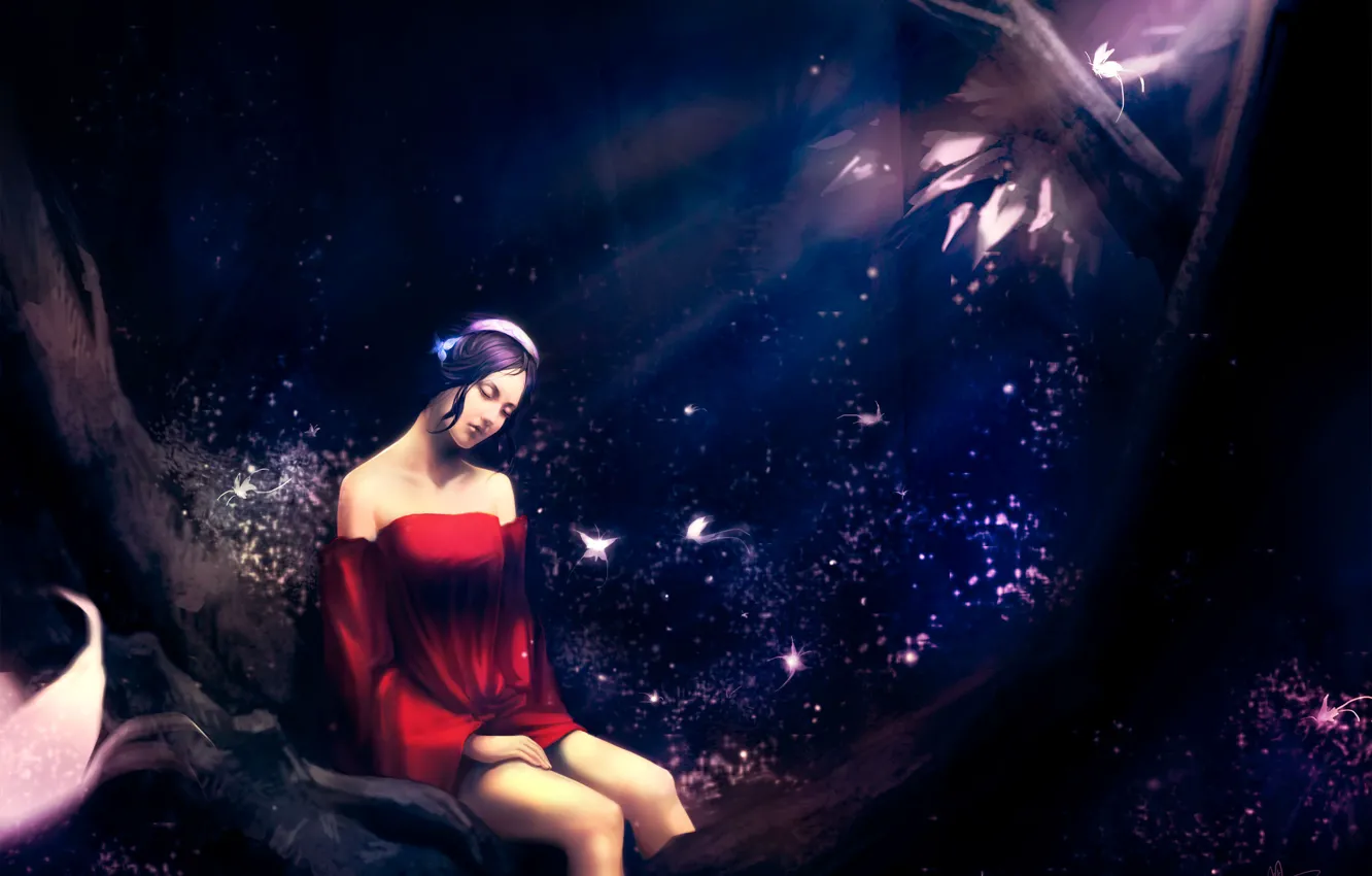 Photo wallpaper forest, girl, night, pose, butterfly, sitting, art, urami