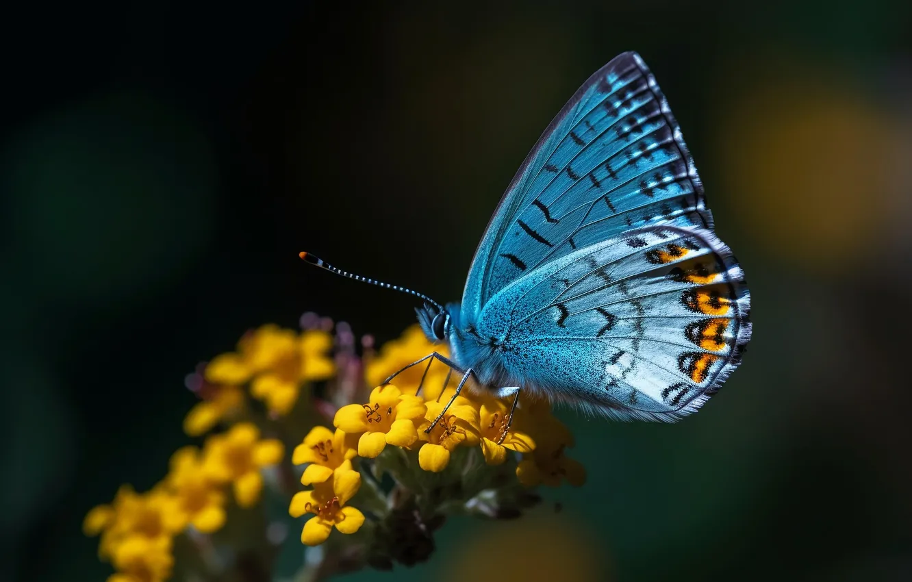 Photo wallpaper butterfly, wings, beautiful, flowers, closeup, digital art, generated by AI