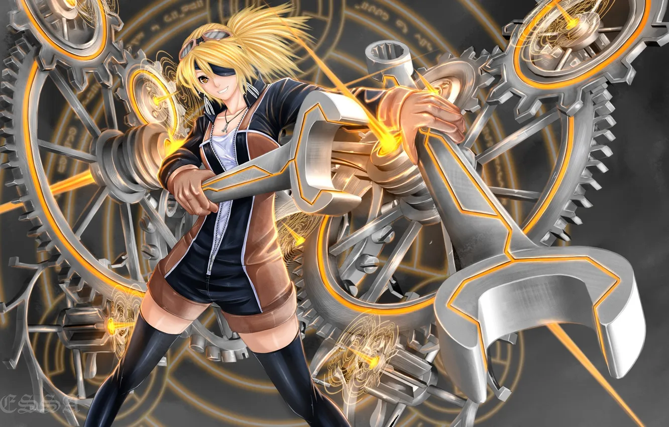 Photo wallpaper girl, mechanism, art, glasses, headband, wrench