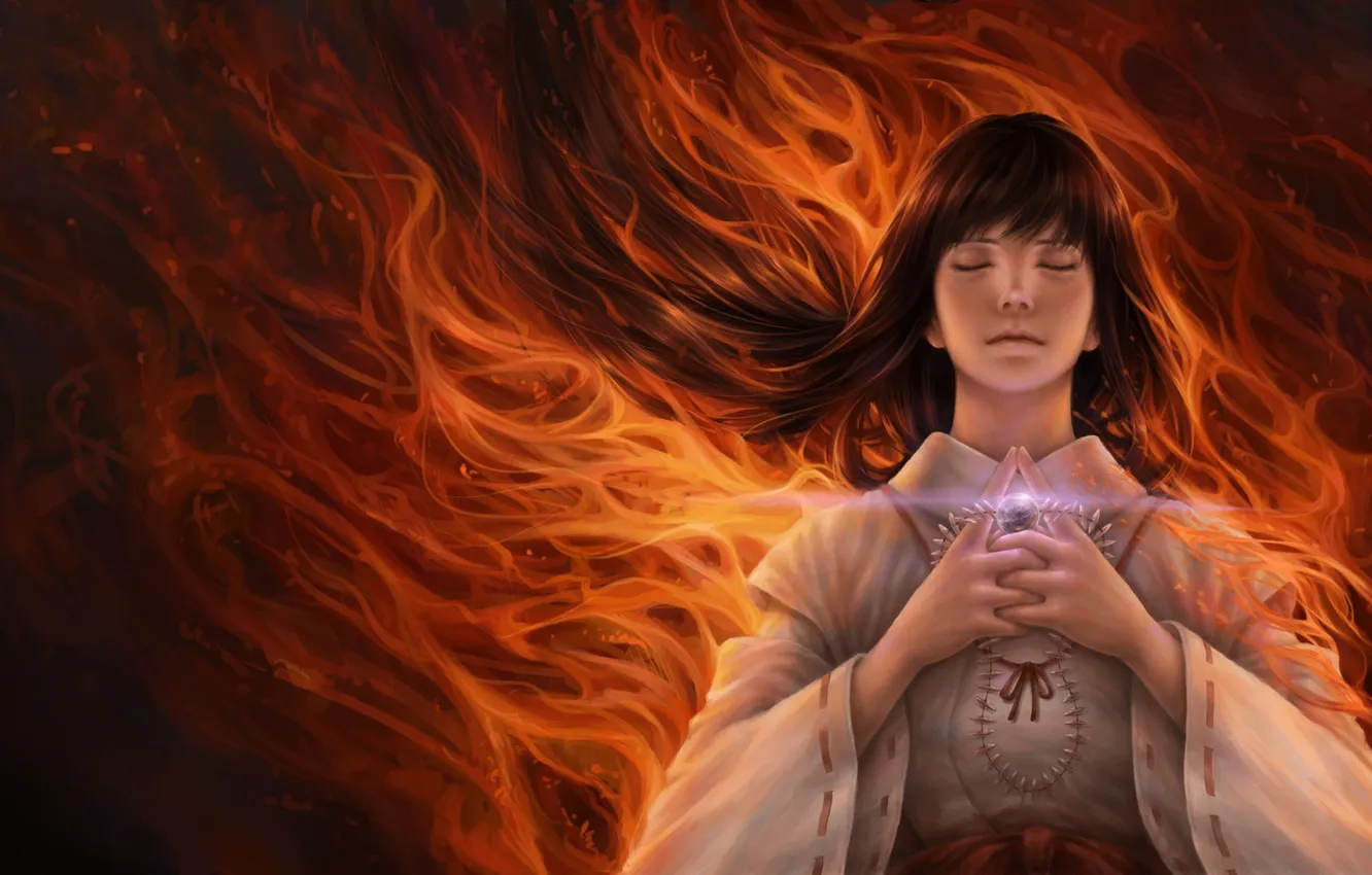 Photo wallpaper girl, flame, magic, hair, art, jxbp, InuYasha, Kikyou