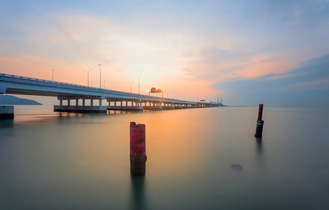 Photo wallpaper sea, the sky, clouds, sunset, bridge