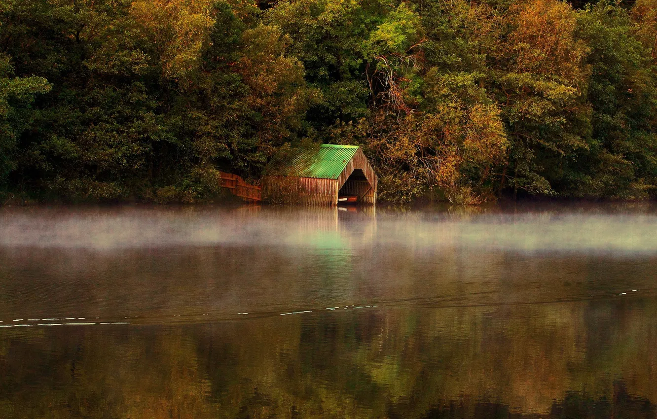 Photo wallpaper autumn, nature, lake, river, garage, on the water